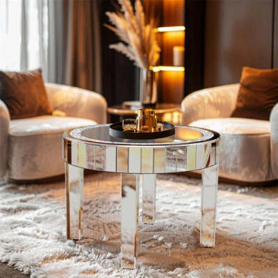 UNHO Luxury Silver Crushed Crystal Round Coffee Table Sparkle Diamante Accent Table