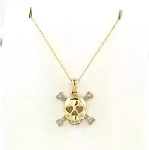 Dije Colgante Corazón Ojos Cruzados 2,7gr de Oro Amarillo 14k Diamante Calavera y Huesos - Imagen 1 de 1