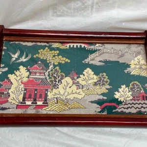 Vintage Polychrome Blue Willow Silver Serving Wooden Tray- 17.5in x 12in x 2.5in - Picture 1 of 12