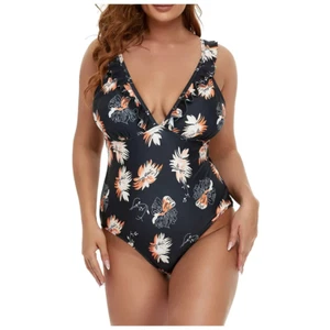 Women's One Piece Plus Size Bikini w/Chest Pads No Steel Black Floral (4XL) - Picture 1 of 12