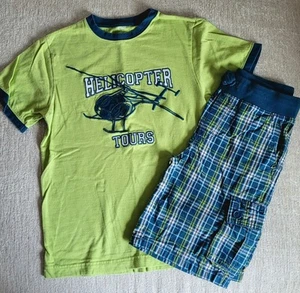 GYMBOREE Boys Sz 10 Jungle Explorer Green Helicopter Tee & Teal Plaid Shorts ~  - Picture 1 of 4