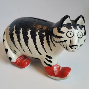 Takahashi Cat Coin Bank Black White Stripe Red Sneaker Kliban Style Descript VTG - Picture 1 of 17