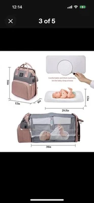 LAND Baby Diaper Bag Backpack Portable Bassinet Changing Pad Travel Pink Gray - Image 1 of 4