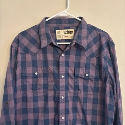 Camisa masculina Urban Pipeline XL azul roxa xadrez botão para cima pérola Snap Western - Imagem 1 de 4