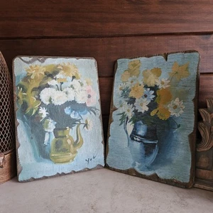 Vintage MCM Hand Painted Art Flowers & Vases on Barn Wood Board Rustic Modern - Picture 1 of 12