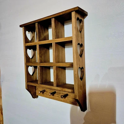 Wooden Heart Trinket Shelf, Rustic Shelf with Pegs, Handmade Wooden Shadow Box - Image 1 of 4