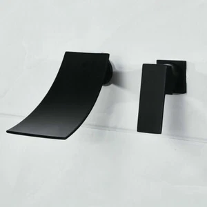 Waterfall Black Wall Mounted Widespread 2PCs Tap Set Basin Sink Mixer Faucet Set - Picture 1 of 6