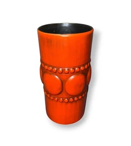 Haeger 1970s Midcentury Red Orange Peasant Line Black Glaze Art Vase 10.5 x 4.5 - Picture 1 of 8