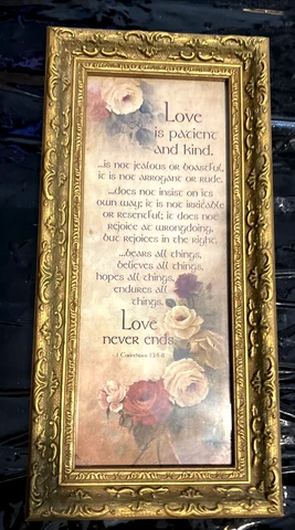VTG GOLD FRAMED PRINT LOVE IS PATIENT AND KIND....VERSES W/ PINK ROSES  1B Cover