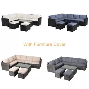 8 Seater Rattan Garden Furniture Set Outdoor Corner Sofa Table Stool w/ Cover - Picture 1 of 37