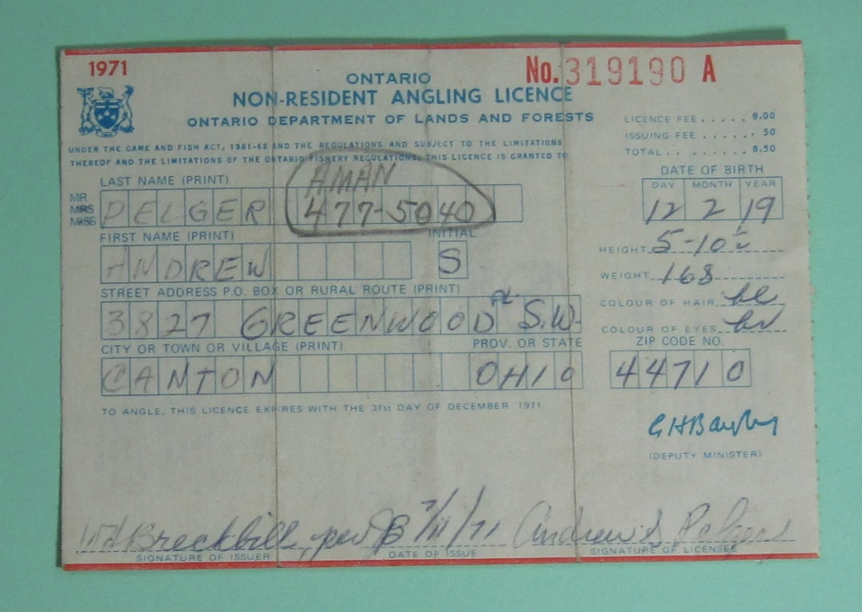 1971 Ontario Canada Non Resident Angling Fishing License Permit - Image 1 of 1