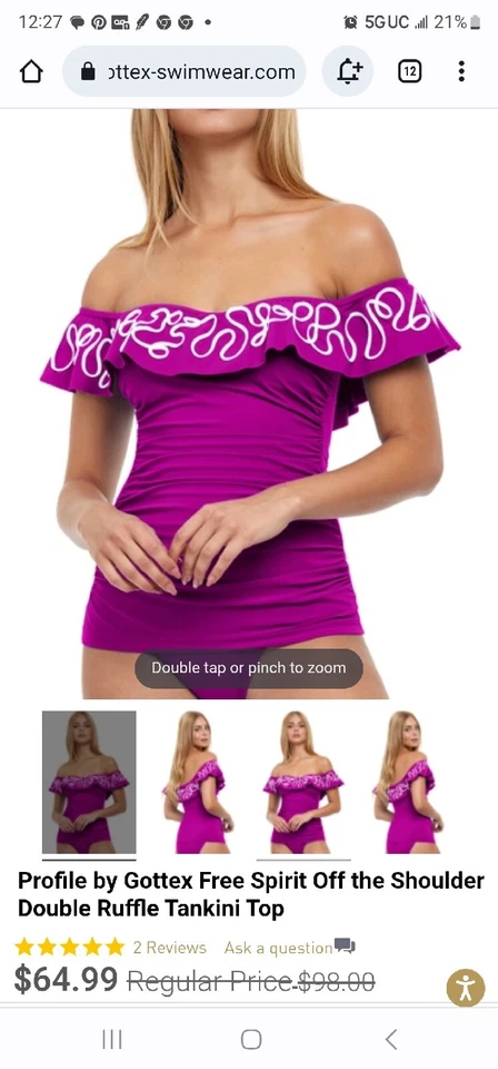 Profile by Gottex Free Spirit Off the Shoulder Double Ruffle Tankini Top - Image 1 of 1