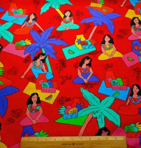 Tropical Fabric 3/4 Yard Hawaiian Ladies Palm Trees on Bright Red Cotton Vtg C - Picture 1 of 2