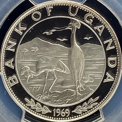 UGANDA. 1969, 5 Shillings, Silver - PCGS PR68 - Top Pop 🥇 Papal Visit Cranes RR - Image 1 of 4