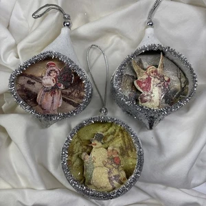 Vtg Style Diorama Christmas Ornaments Paper Angels Girl Snowman Silver Glitter - Picture 1 of 6