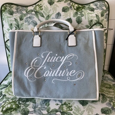 Bolso de Playa Juicy Couture Denim Diamante Bordado Acentos Dorados Viral Nuevo con Etiquetas Foto 1 de 4
