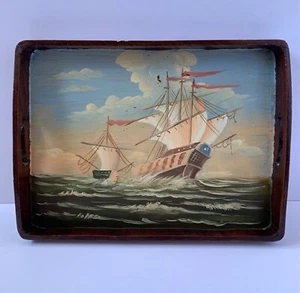 ANTIQUE SHIP PAINTING ON WOODEN TRAY ORIGINAL NAUTICAL SEASCAPE OLD GALLEON SHIP - Picture 1 of 24