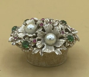 Vintage FLORENZA Flower Basket Ring Trinket Box - Pearls & Rhinestones Lid - Picture 1 of 6