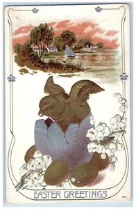 1910 Easter Greetings Hatched Eggs Chick Art Nouveau Embossed Antique Postcard - Picture 1 of 2