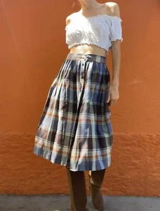 Vintage plaid blue and brown midi skirt, Long high waist Cottage core skirt, Ret - Picture 1 of 9
