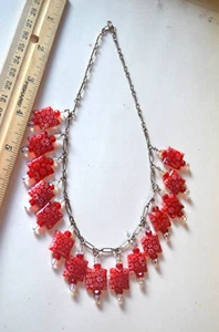 Vintage Murano Venetian Millefiori Red Floral Glass Bead Necklace 16” - Picture 1 of 7