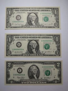 3 $1-$1-$2 1988 & 2003 Matching Low Serial Numbers Federal Reserve Bank Notes - Picture 1 of 8