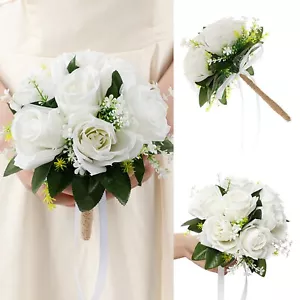 Bridal Bouquets Rose Artificial Flowers Floral Fake Bouquet Wedding Party Decor - Picture 1 of 11