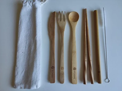 eccoz 6er Set Bambus Besteck + Reisetasche, wiederverwendbar, umweltfreundlich - Bild 1 von 4