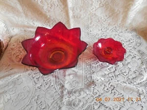 Vintage Fenton Ruby Red/Amberina 8 Petal Bowl & 9 petal Candlestick/Holder - Picture 1 of 10