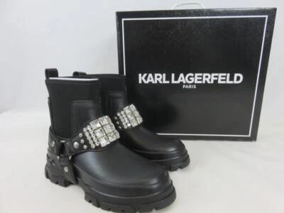 全新 Karl Lagerfeld Rylie 黑色骑行靴 水晶装饰/镶嵌 尺寸 5 全新无标签 — 第 1/4 张图片