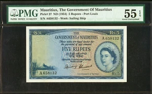 Mauritius 5 Rupees ND (1954) QEII Pick-27 About UNC PMG 55 EPQ - Picture 1 of 2