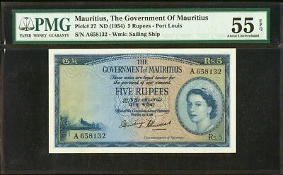 Mauritius 5 Rupees ND (1954) QEII Pick-27 About UNC PMG 55 EPQ - Image 1 of 2