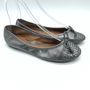 Sperry Top-Sider Womens Ballet Flats Leather Bow Woven Metallic Silver Size 7.5