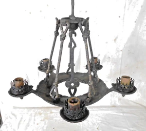 ANTIQUE ART NOUVEAU~GOTHIC IRON 5 ARM CHANDELIER - Picture 1 of 9