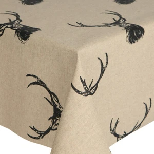 STAGS ACRYLIC COATED TABLE CLOTH ANTLERS HEAD BLACK GREY BEIGE LINEN WIPE ABLE - Picture 1 of 1