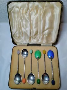 Set 6, T&S, Guilloche Enamel Coffee Spoons, Silver Gilt w/Case - SHIPS FREE! - Picture 1 of 11