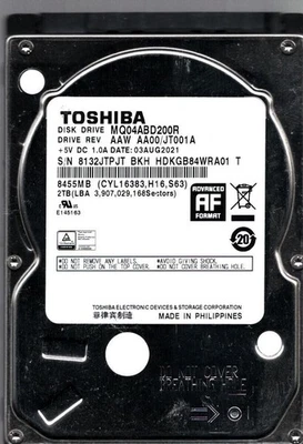 MQ04ABD200R HDKGB84WRA01 T REV:AAW AA00/JT001 A 2 TB AGOSTO 2021 FILIPINAS TOSHIBA Foto 1 de 3