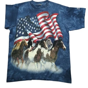 Vintage The Mountain Tie Dye American Flag Horses T Shirt 1999 Blue USA Mens L - Picture 1 of 6