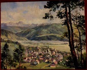 Pintura al óleo Partenkirchen frente a la punta de tres puertas en cartón, firmada, sin enmarcar - Imagen 1 de 4