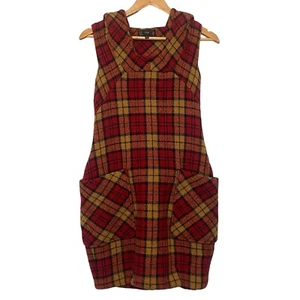 Cue Size 6 Red Yellow Plaid Tartan Wool Blend Tweed Hooded Sleeveless Dress - Picture 1 of 12