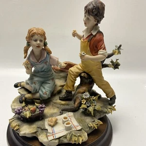 Vintage Capodimonte Italy Porcelain Figurine Boy & Girl Picnic Gathering Flowers - Picture 1 of 22