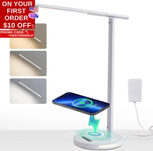 Upgraded LED Desk Lamp with Wireless Charger, Stepless Dimmable Foldable Table L - Picture 1 of 12