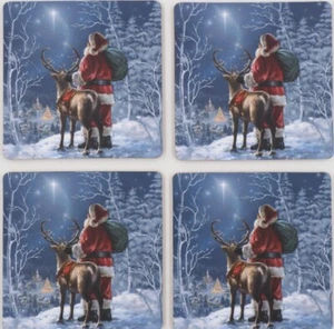 Set 4 sottobicchieri con supporto in sughero uguale in legno (4"x4") NATALE BABBO NATALE, casa di Sofia - Foto 1 di 2