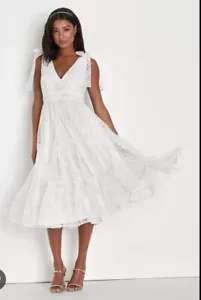 Lulus White Graduation Bridal Dress Tie Strap Tiered Midi Skirt Gold Detail xs - Picture 1 of 6