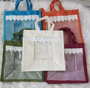 5 Stück Handgefertigte Jutesack Transparent PVC Folie Fenster Jute Strandtasche Wiederverwendbar Tasche - Bild 1 von 11