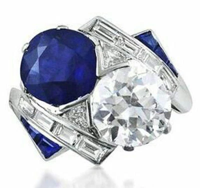 Cocktail Party Ring Solid 925 Sterling Silver Blue White Round Jewelry Women - Image 1 of 2