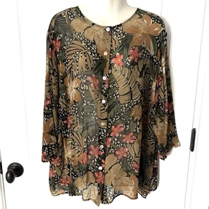 Laura Ashley Woman’s 2X 100% Silk Floral Leopard Print Button-Up Blouse Sheer - Picture 1 of 7