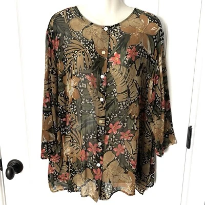Laura Ashley Woman’s 2X 100% Silk Floral Leopard Print Button-Up Blouse Sheer - Image 1 of 4