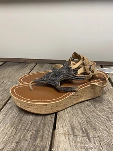 Anthropologie Free People Silver Bead Cork Platform Wedge Thong Sandals Sz 6.5  - Bild 1 von 6