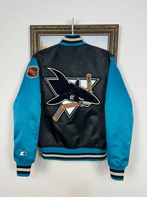 Vintage 90s Starter Center Ice San Jose Sharks NHL Black Satin Bomber Jacket S - Изображение 1 из 4